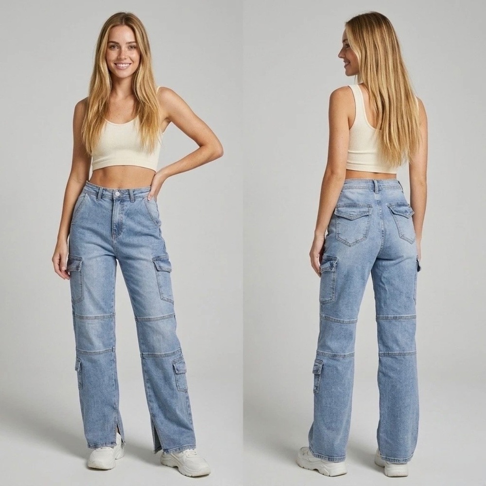 Balam Womens 31x32 Medium Wash High Waist Wide Leg Cargo Jeans BL6404‎ Size 13